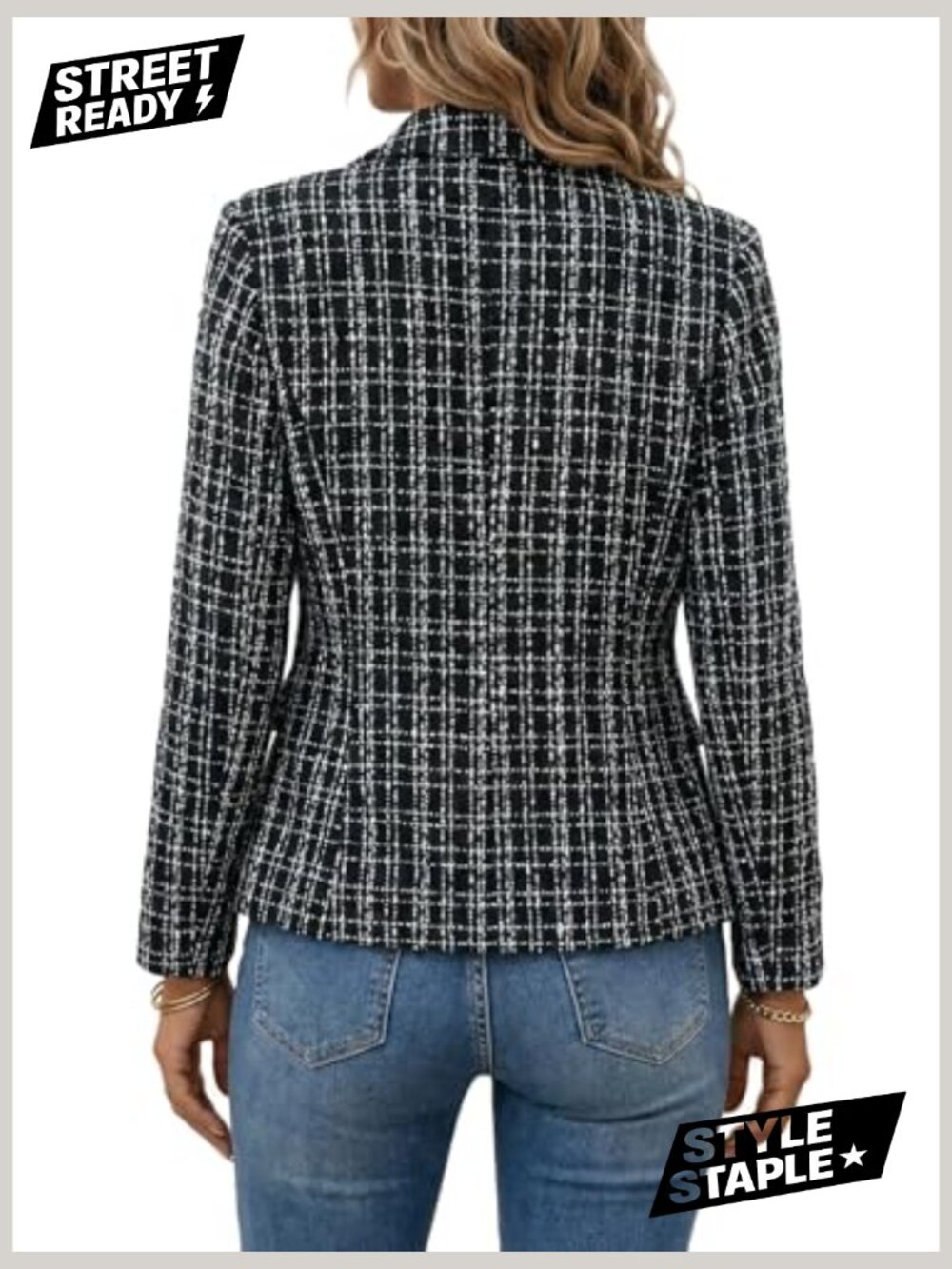 Double-Breasted Tweed Plaid Blazer Jacket for Women - Fully Lined Slim Fit - Picture 3 of 7